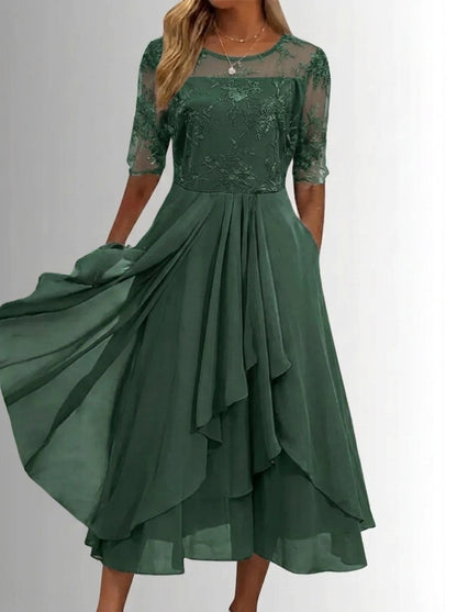 Elegant Midi Dress for Women Lace-Bodice Short-Sleeve