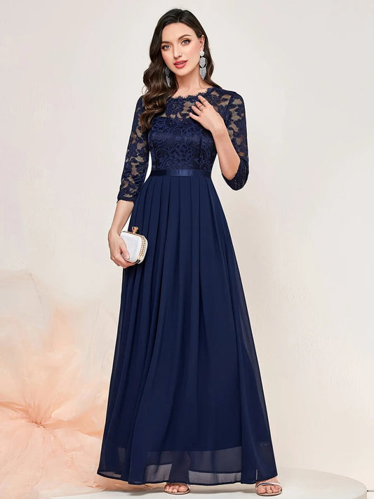 Elegant Maxi Dress for Women Lace-Bodice Three-Quarter-Sleeve