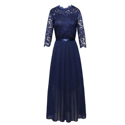 Elegant Maxi Dress for Women Lace-Bodice Three-Quarter-Sleeve