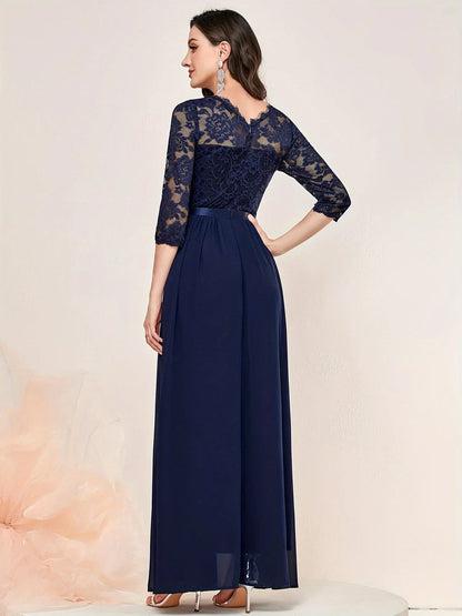 Elegant Maxi Dress for Women Lace-Bodice Three-Quarter-Sleeve