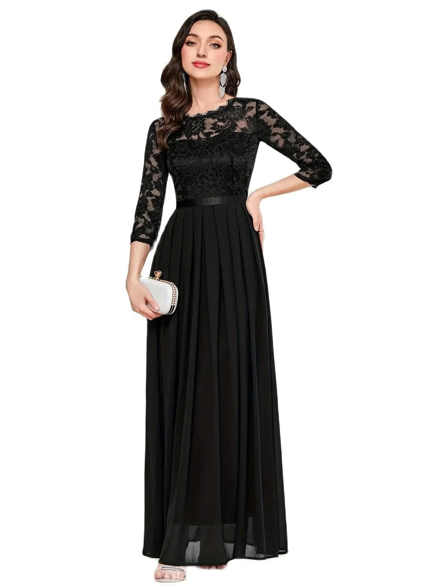 Elegant Maxi Dress for Women Lace-Bodice Three-Quarter-Sleeve