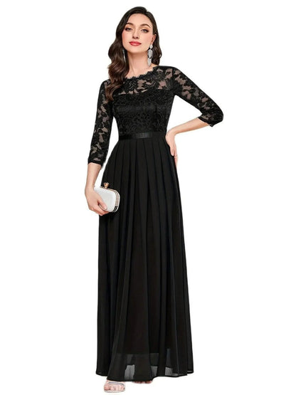 Elegant Maxi Dress for Women Lace-Bodice Three-Quarter-Sleeve