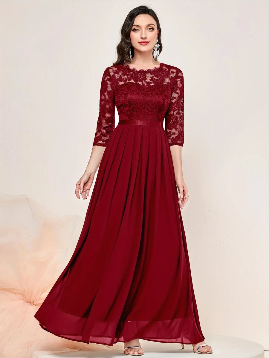 Elegant Maxi Dress for Women Lace-Bodice Three-Quarter-Sleeve