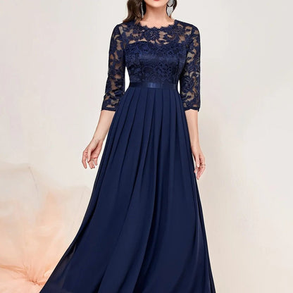 Elegant Maxi Dress for Women Lace-Bodice Three-Quarter-Sleeve