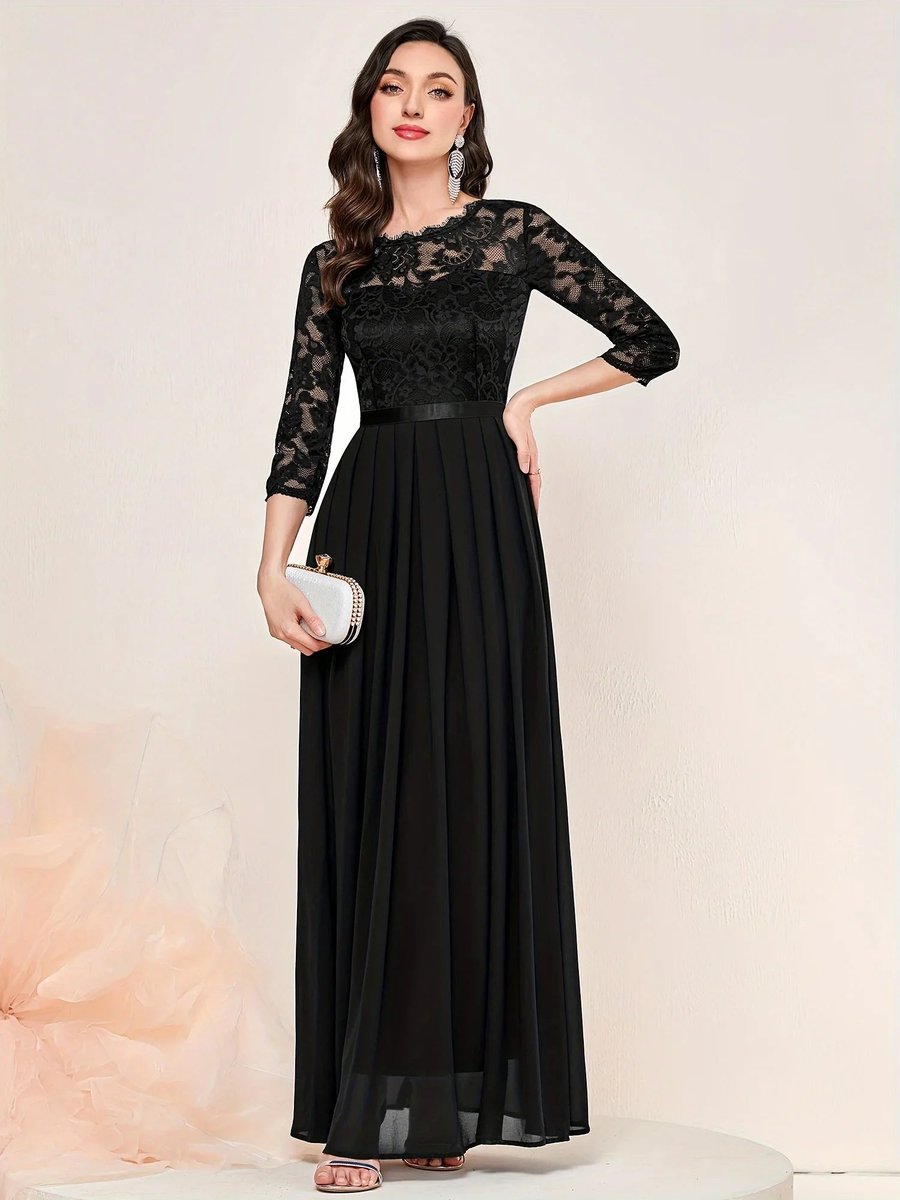 Elegant Maxi Dress for Women Lace-Bodice Three-Quarter-Sleeve