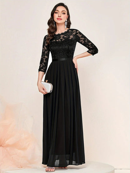 Elegant Maxi Dress for Women Lace-Bodice Three-Quarter-Sleeve