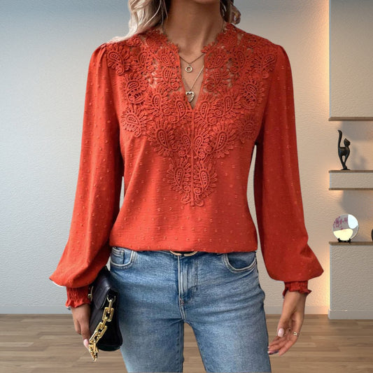 Stylish Blouse for Women Lace-Bodice V-Neck Smocked-Cuff