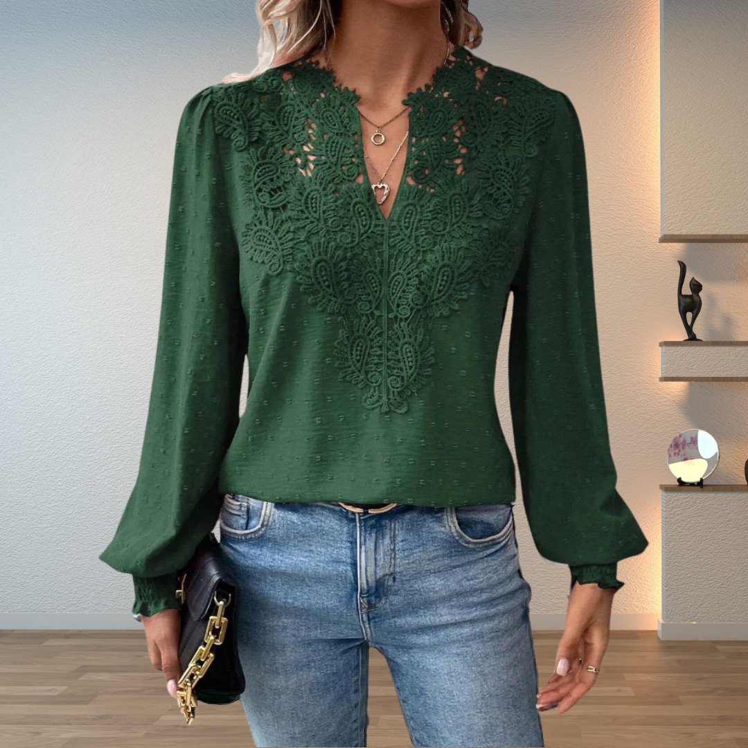 Stylish Blouse for Women Lace-Bodice V-Neck Smocked-Cuff