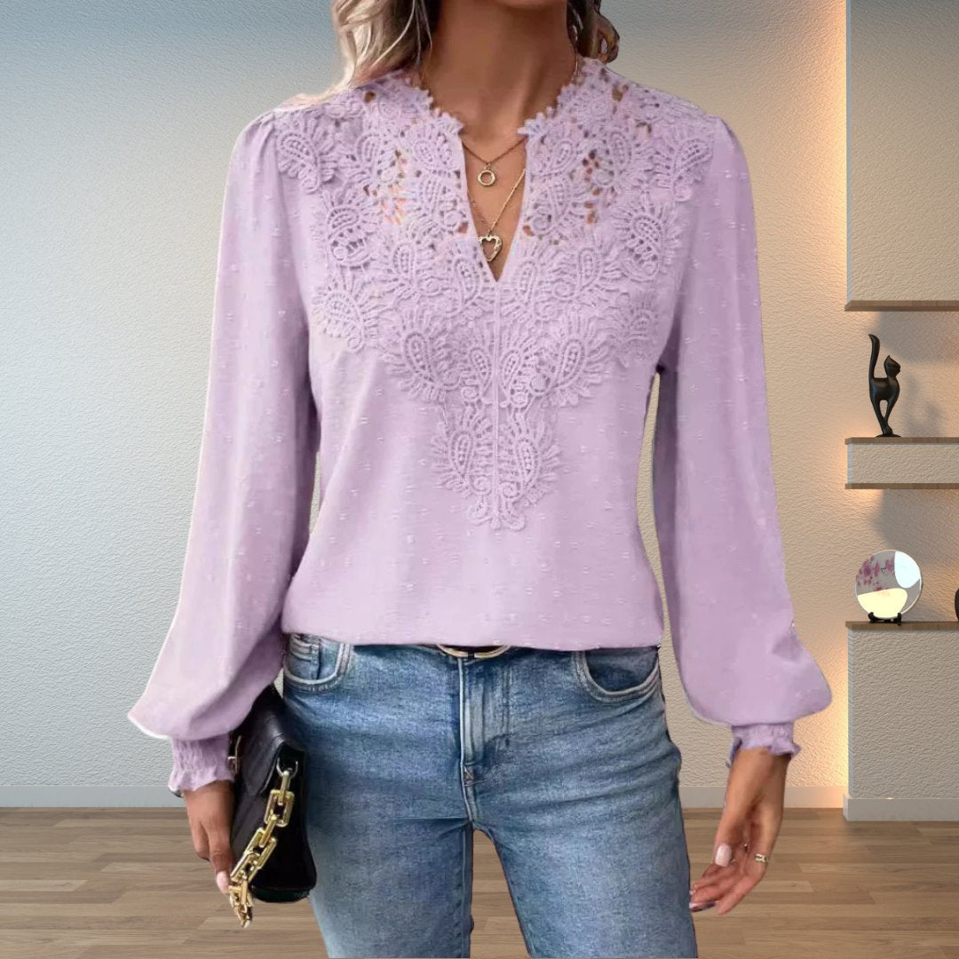 Stylish Blouse for Women Lace-Bodice V-Neck Smocked-Cuff