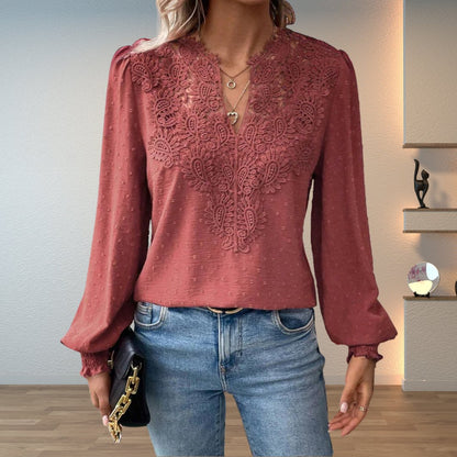 Stylish Blouse for Women Lace-Bodice V-Neck Smocked-Cuff