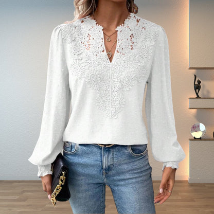 Stylish Blouse for Women Lace-Bodice V-Neck Smocked-Cuff