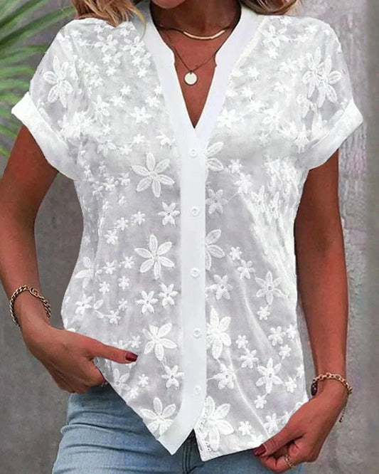 Elegant Lace Blouse for Women V-Neck Short-Sleeve Floral