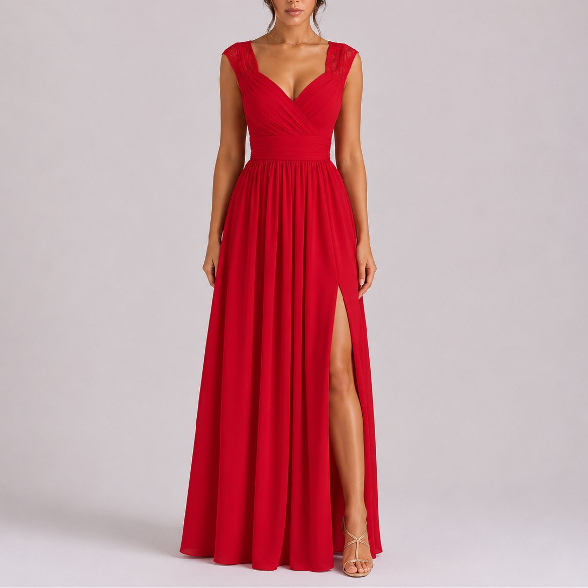 Elegant Maxi Dress for Women Wrap-Bodice Lace Side-Slit