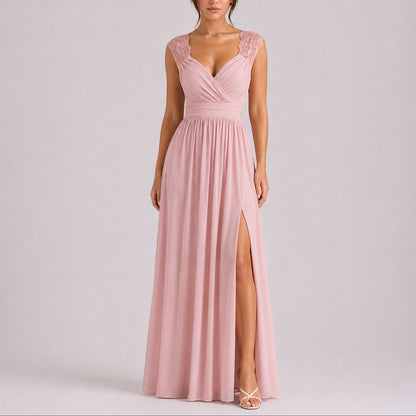 Elegant Maxi Dress for Women Wrap-Bodice Lace Side-Slit