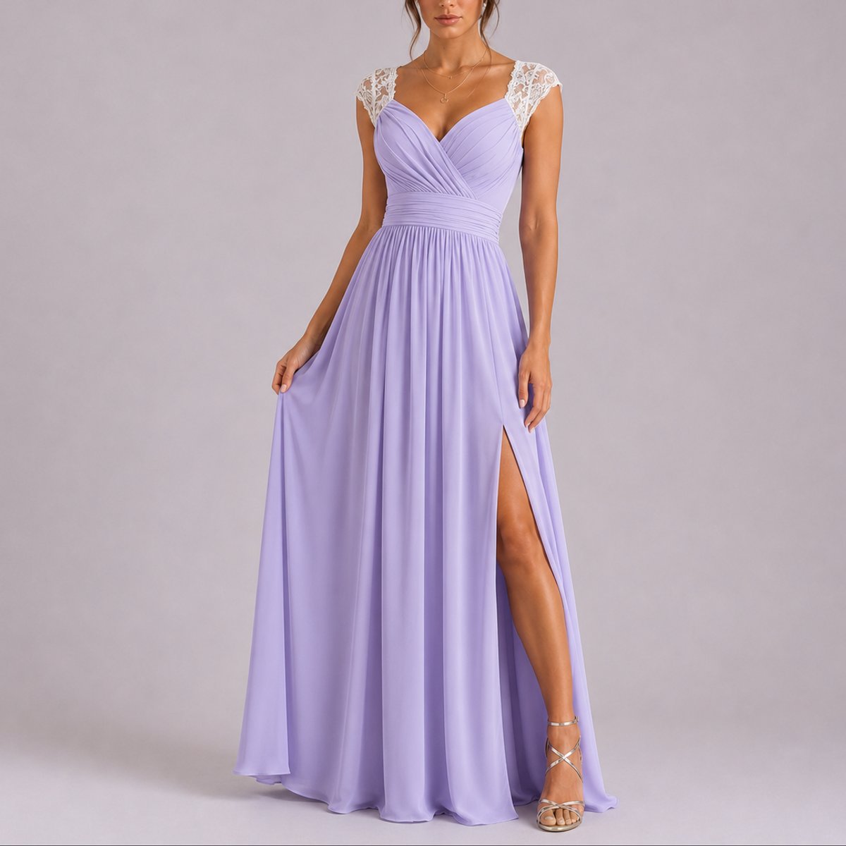 Elegant Maxi Dress for Women Wrap-Bodice Lace Side-Slit