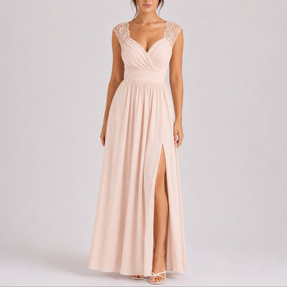Elegant Maxi Dress for Women Wrap-Bodice Lace Side-Slit