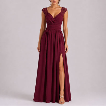 Elegant Maxi Dress for Women Wrap-Bodice Lace Side-Slit