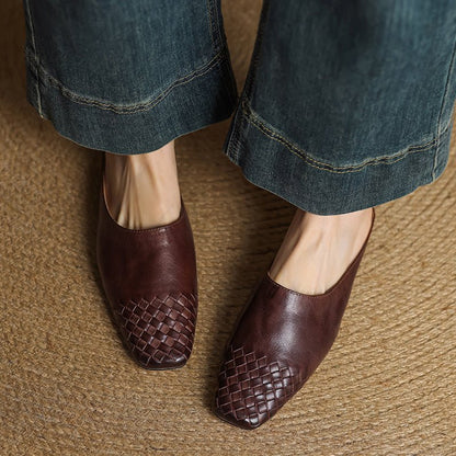 Comfortable Leather Mules for Women Square-Toe Woven Slip-On