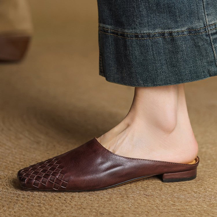 Comfortable Leather Mules for Women Square-Toe Woven Slip-On
