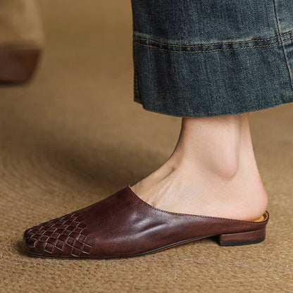 Comfortable Leather Mules for Women Square-Toe Woven Slip-On