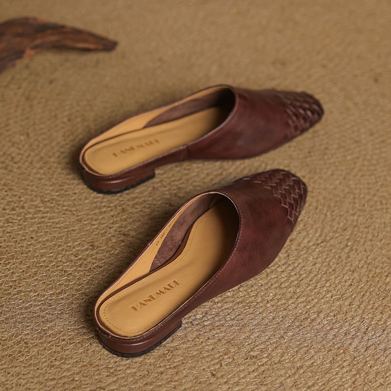 Comfortable Leather Mules for Women Square-Toe Woven Slip-On
