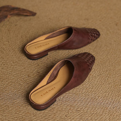 Comfortable Leather Mules for Women Square-Toe Woven Slip-On