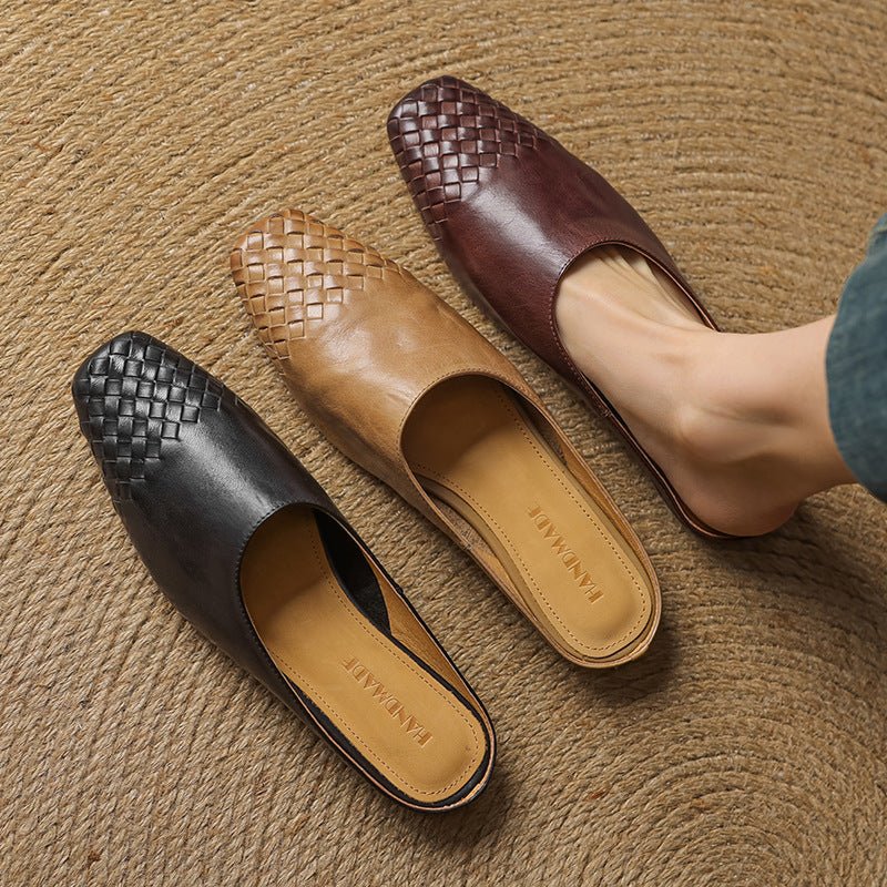 Comfortable Leather Mules for Women Square-Toe Woven Slip-On
