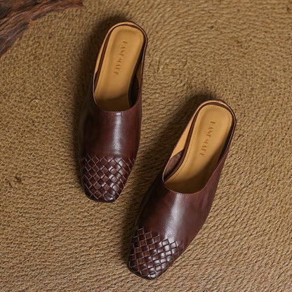 Comfortable Leather Mules for Women Square-Toe Woven Slip-On