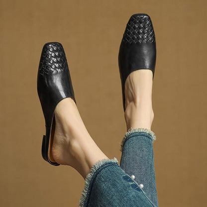 Comfortable Leather Mules for Women Square-Toe Woven Slip-On