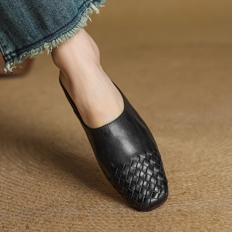 Comfortable Leather Mules for Women Square-Toe Woven Slip-On