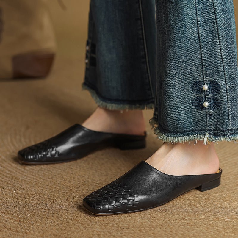 Comfortable Leather Mules for Women Square-Toe Woven Slip-On