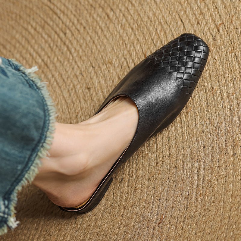 Comfortable Leather Mules for Women Square-Toe Woven Slip-On