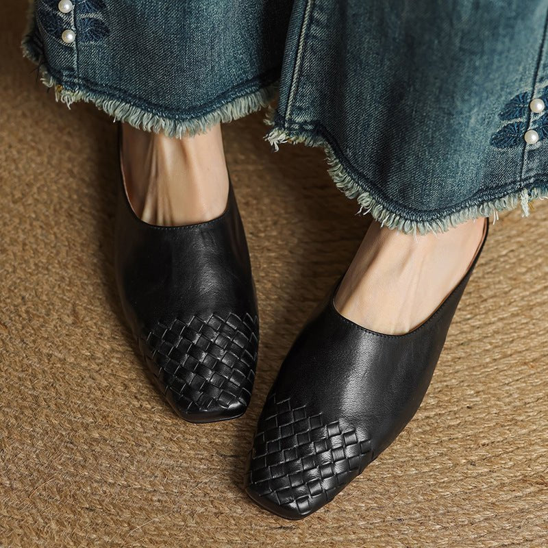 Comfortable Leather Mules for Women Square-Toe Woven Slip-On