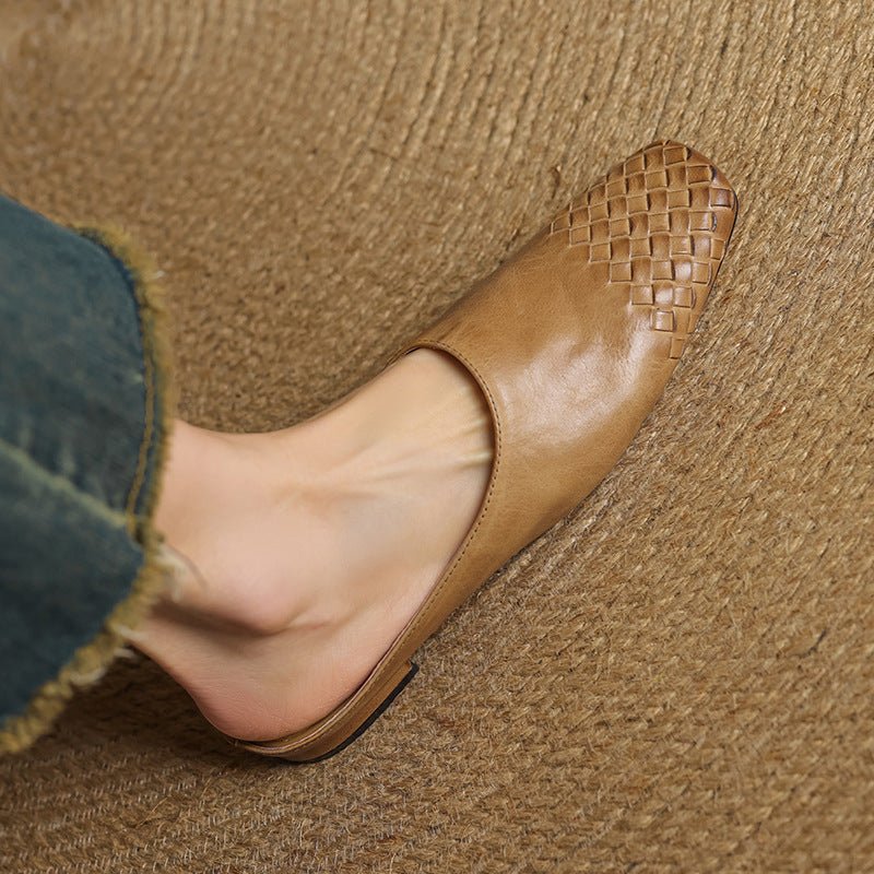 Comfortable Leather Mules for Women Square-Toe Woven Slip-On