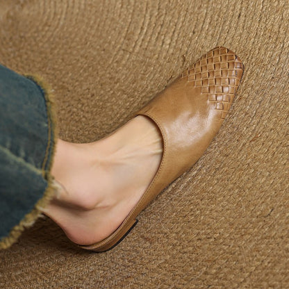 Comfortable Leather Mules for Women Square-Toe Woven Slip-On