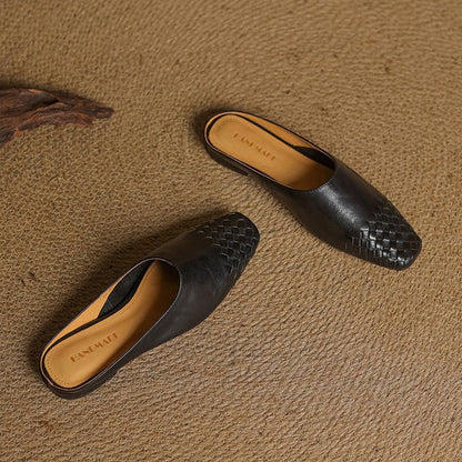 Comfortable Leather Mules for Women Square-Toe Woven Slip-On