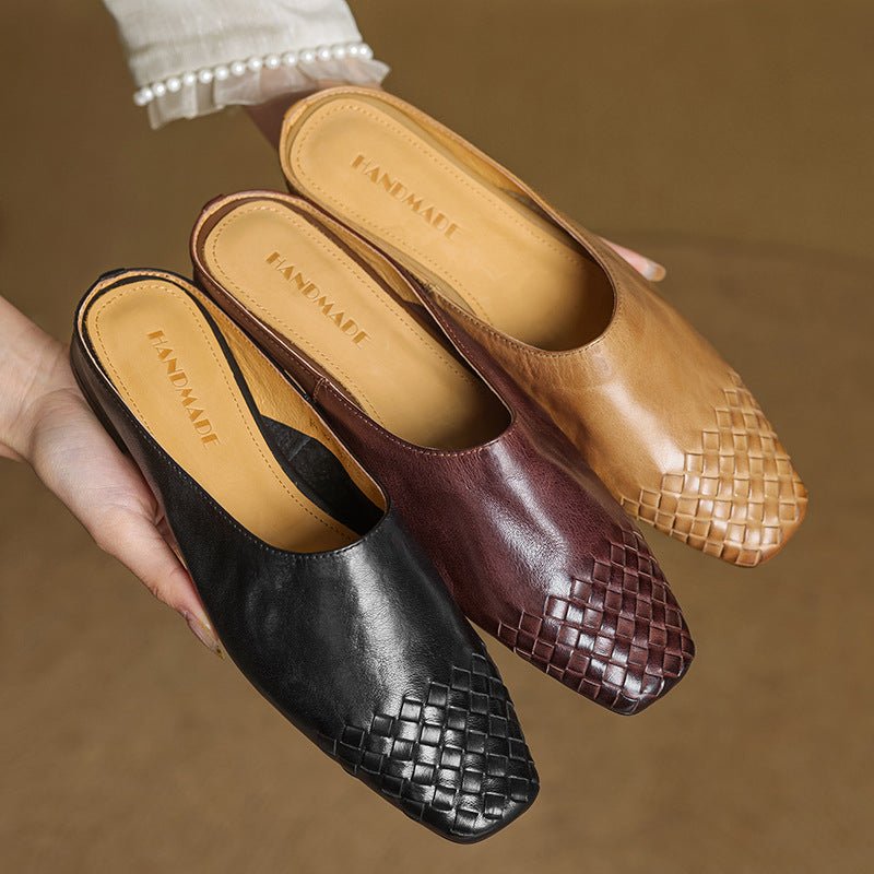 Comfortable Leather Mules for Women Square-Toe Woven Slip-On