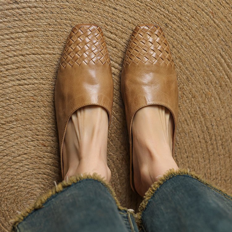 Comfortable Leather Mules for Women Square-Toe Woven Slip-On