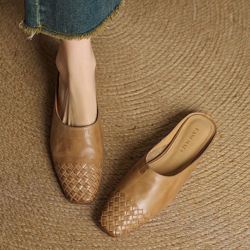 Comfortable Leather Mules for Women Square-Toe Woven Slip-On