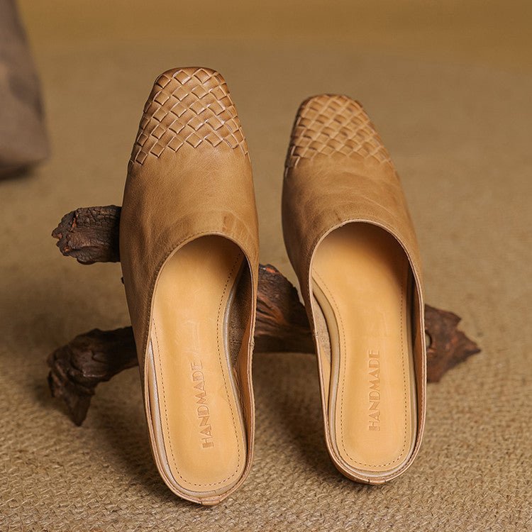 Comfortable Leather Mules for Women Square-Toe Woven Slip-On