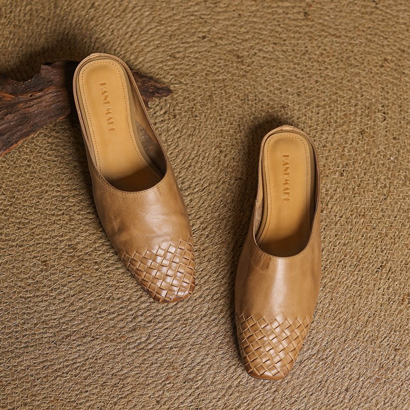 Comfortable Leather Mules for Women Square-Toe Woven Slip-On