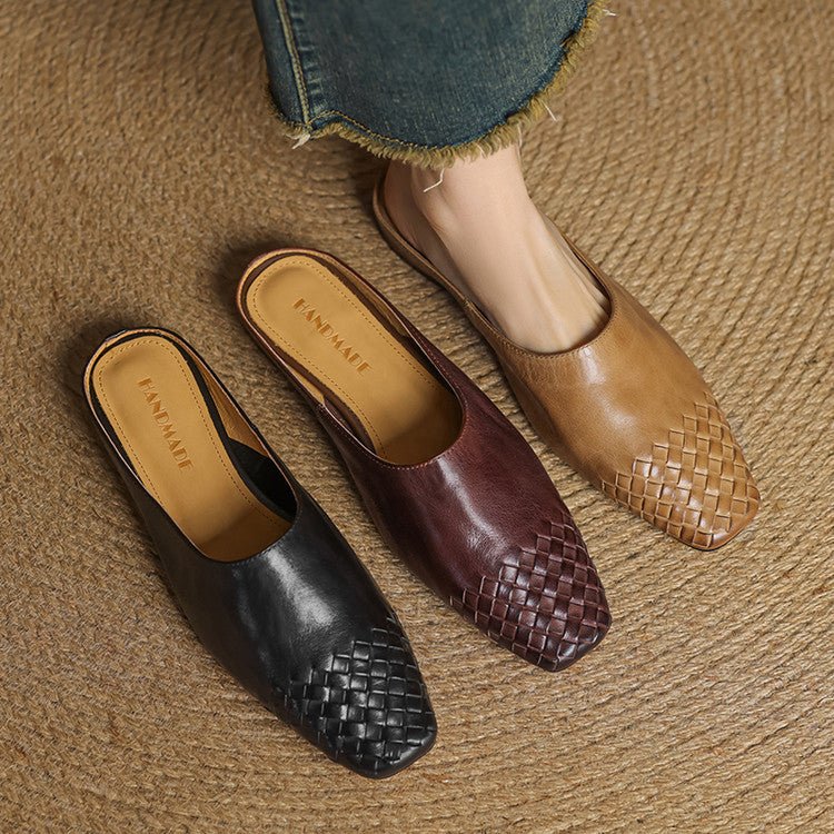 Comfortable Leather Mules for Women Square-Toe Woven Slip-On
