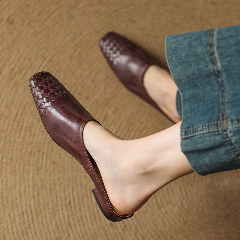Comfortable Leather Mules for Women Square-Toe Woven Slip-On