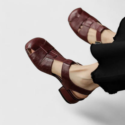 Stylish Leather Sandals for Women Square-Toe Block-Heel Strappy