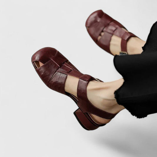 Stylish Leather Sandals for Women Square-Toe Block-Heel Strappy