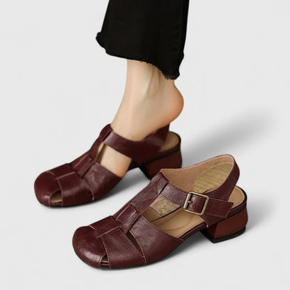 Stylish Leather Sandals for Women Square-Toe Block-Heel Strappy