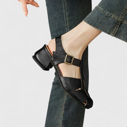 Stylish Leather Sandals for Women Square-Toe Block-Heel Strappy
