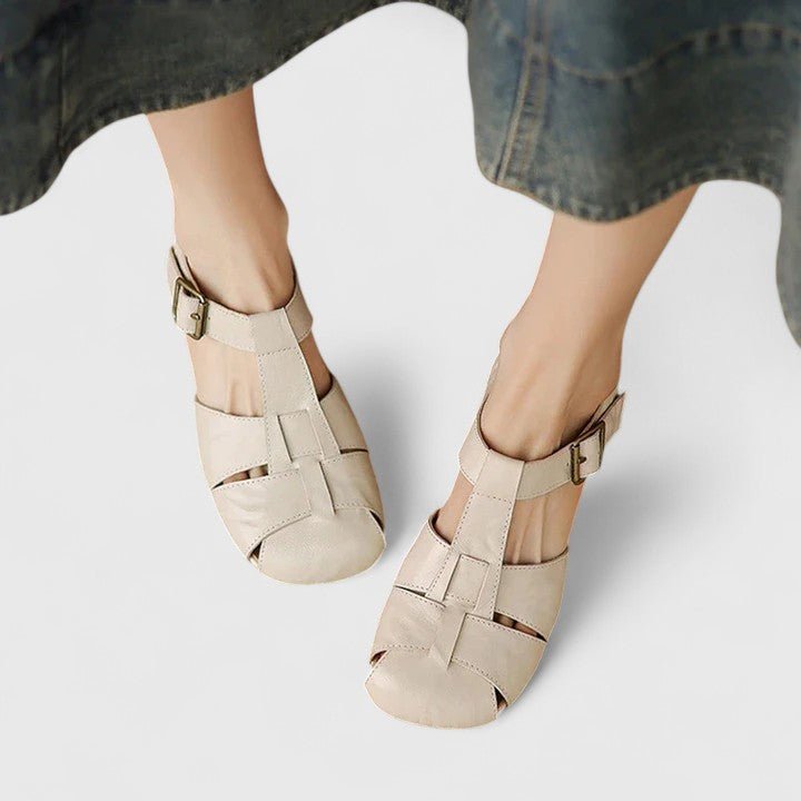 Stylish Leather Sandals for Women Square-Toe Block-Heel Strappy