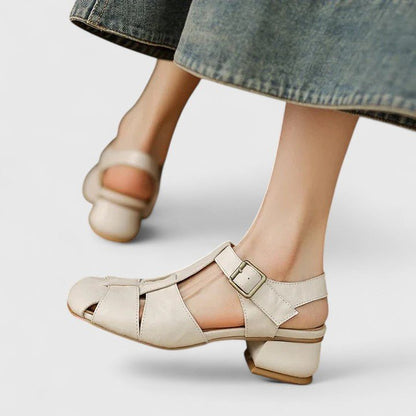 Stylish Leather Sandals for Women Square-Toe Block-Heel Strappy