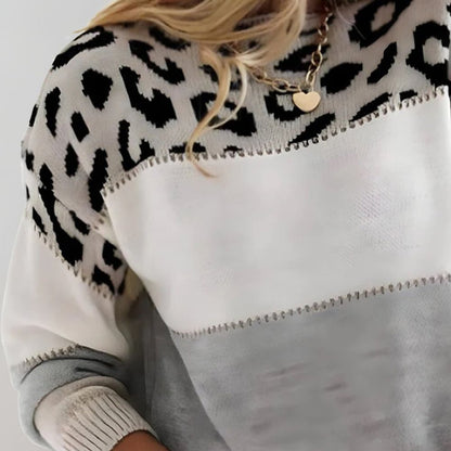 Stylish Pullover Sweater for Women Leopard-Print Colorblock